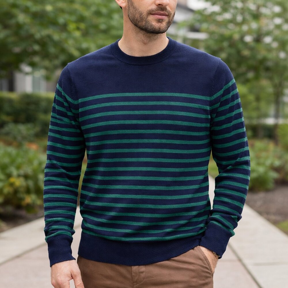 Brooks Brothers Men’s Large Striped Cotton Sweater Navy Green Preppy Crewneck